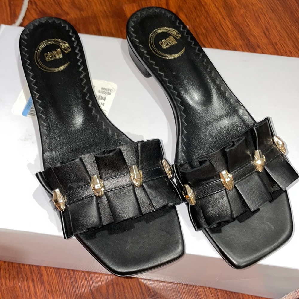 Roberto Cavalli Class Black Leather Slide Sandal Gold Panther Studded 37/7